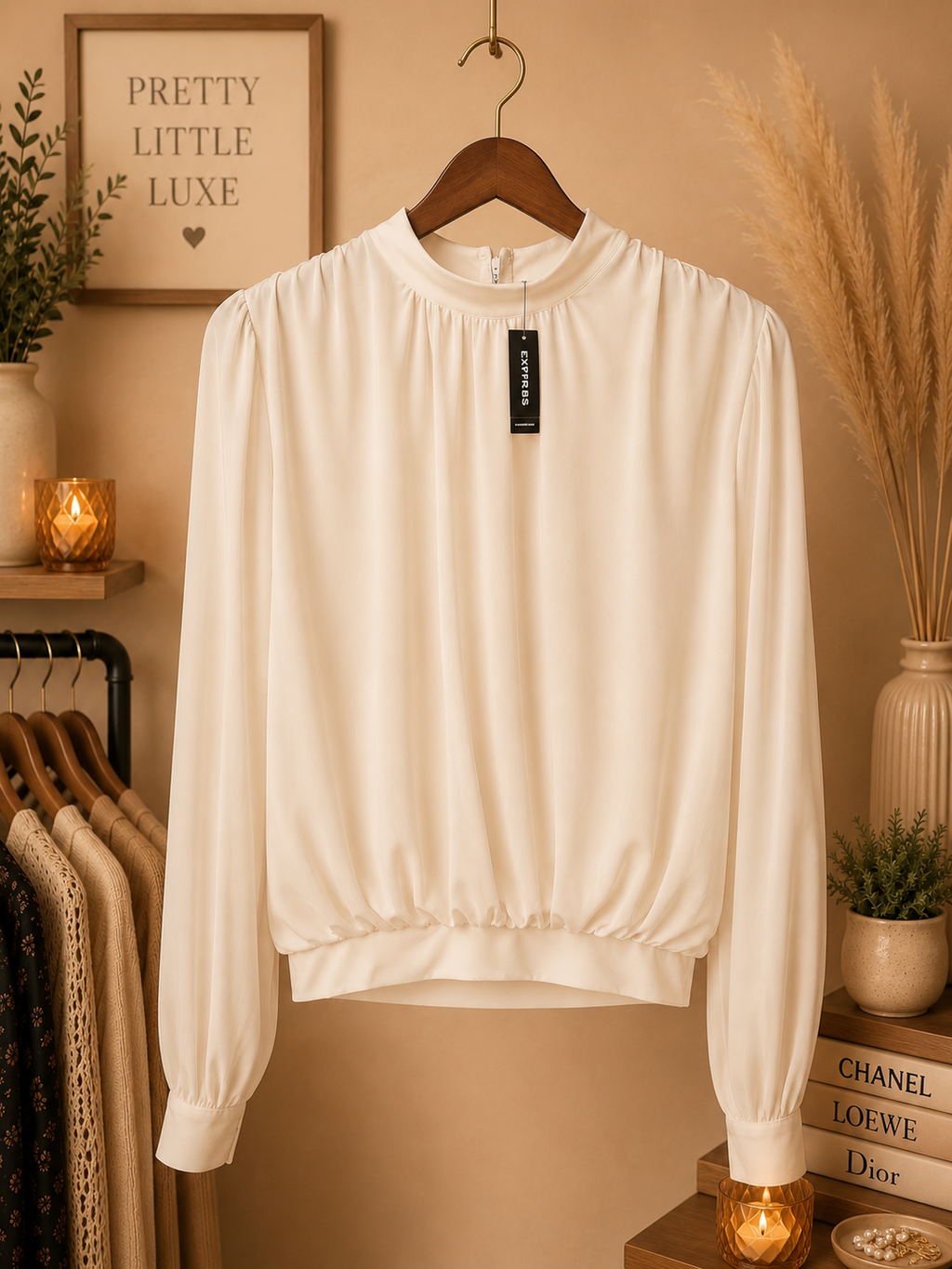 NWT Express Ivory Padded Shoulder Ruched Mock Neck Top - Size XS