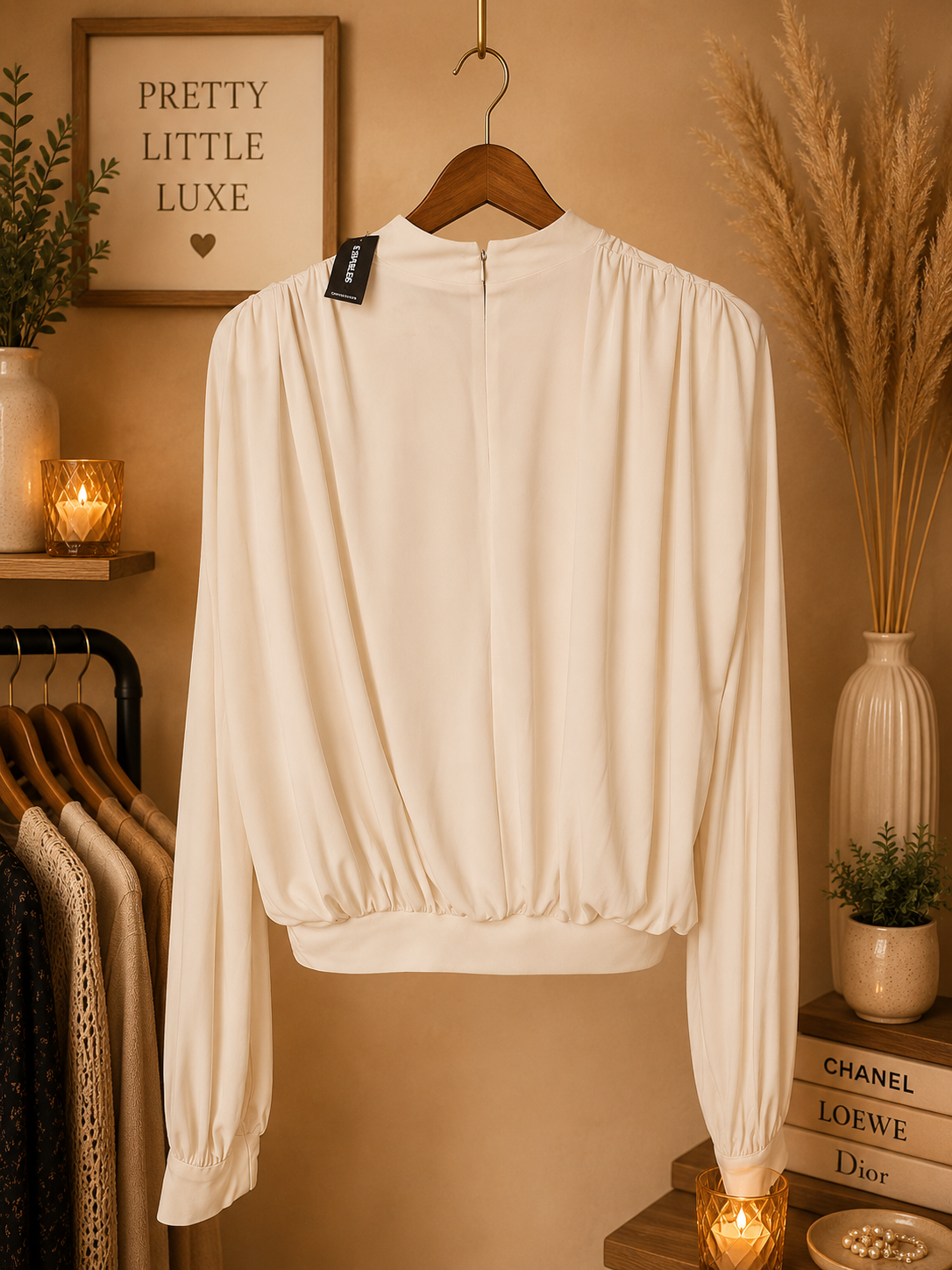 NWT Express Ivory Padded Shoulder Ruched Mock Neck Top - Size XS