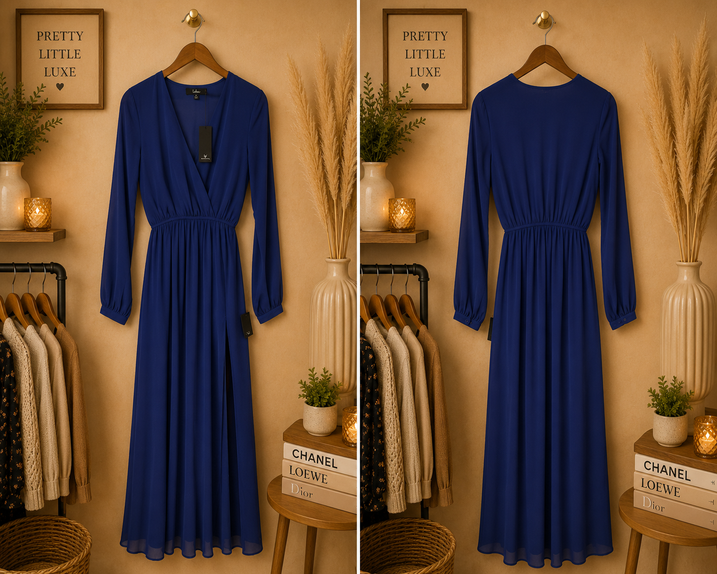 NWT Lulus Wondrous Water Lilies Royal Blue Long Sleeve Chiffon Maxi Dress - Size Small