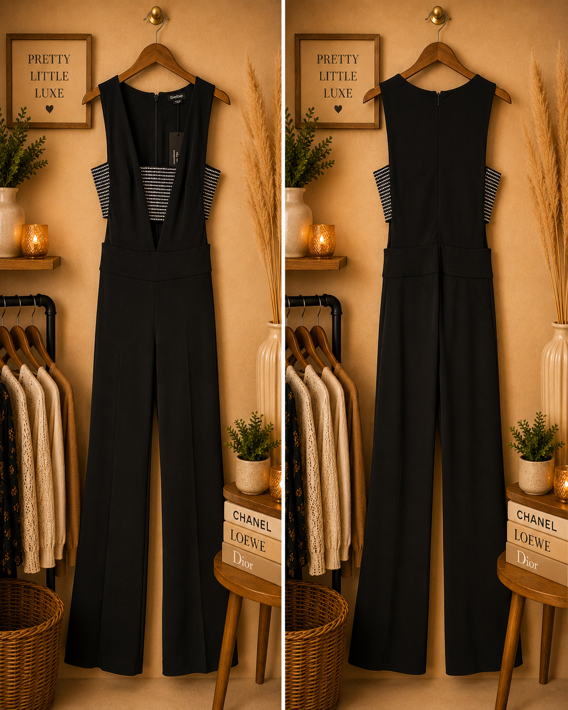Bebe Black Crystal Rhinestone Cutout Plunging Wide-Leg Jumpsuit - Size XSMALL