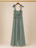 🔑Monteau Los Angeles Tie-Shoulder Smocked Wide-Leg Jumpsuit - Sage Green (Small)
