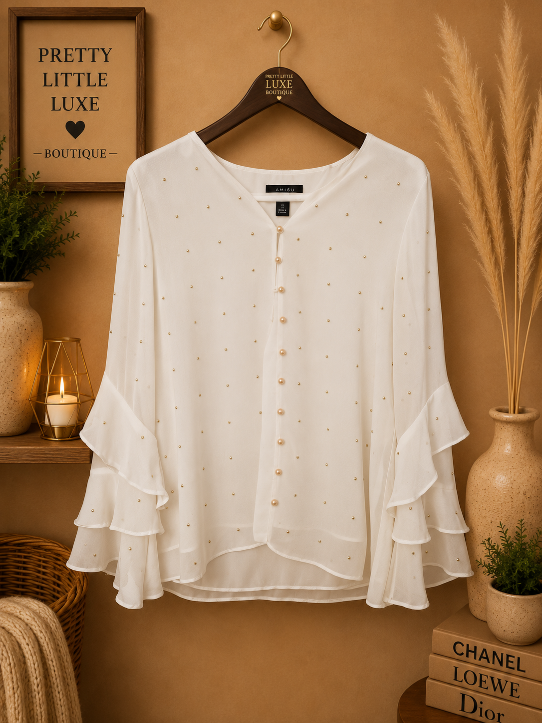 Alfani Embellished V-Neck Chiffon Tiered Ruffle Blouse - White / PS