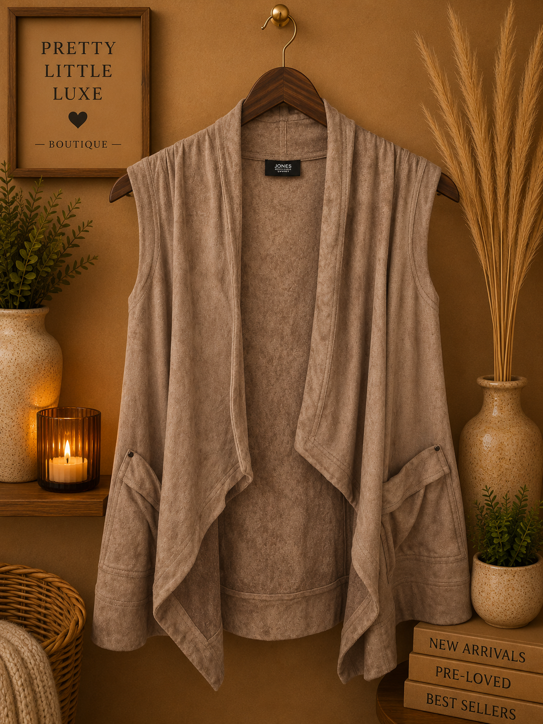Jones New York Faux Suede Draped Open Front Sleeveless Vest Taupe- L
