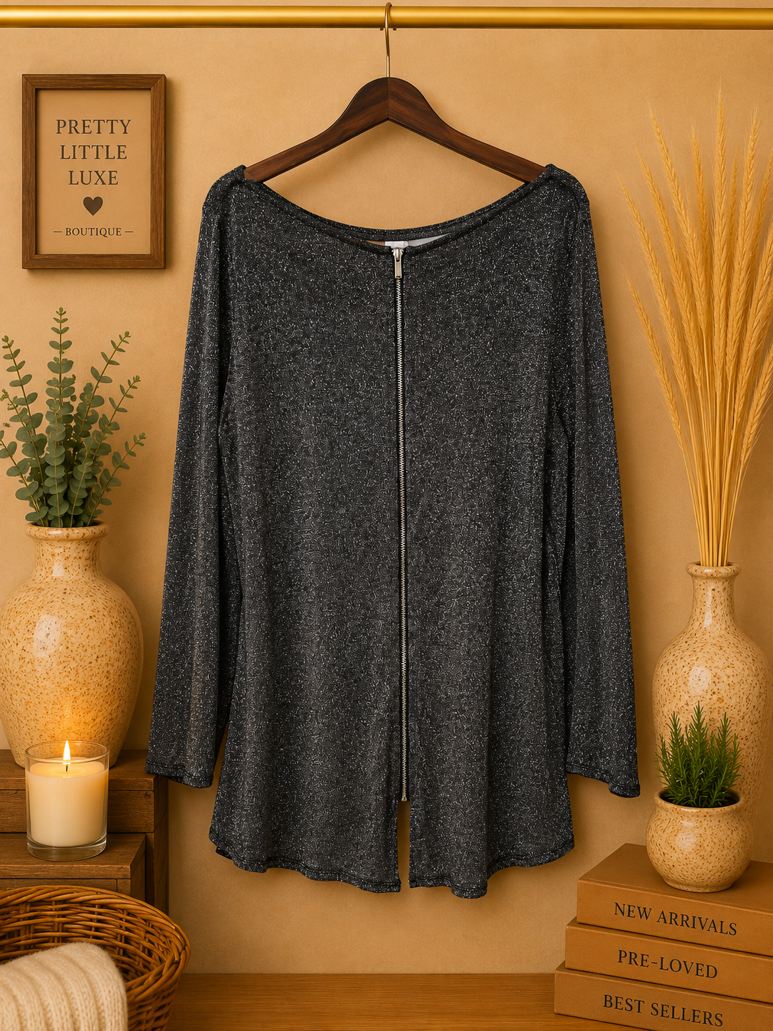 Calvin Klein Charcoal Metallic Shimmer Full Zip Top High-Low Tunic -Size XL