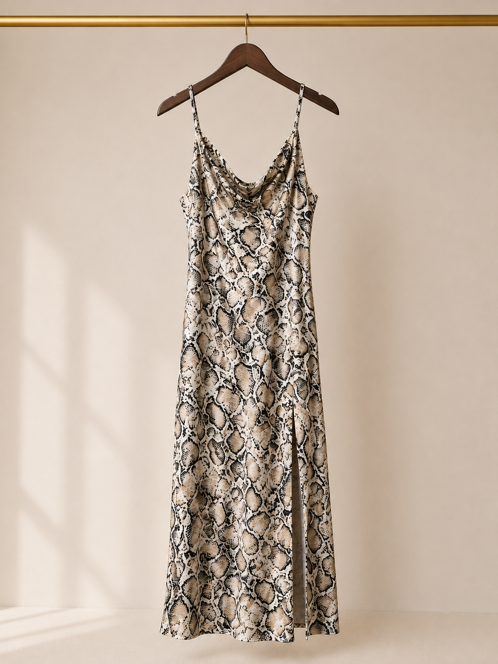 Pepper & Heart Cowl-Neck Snake Print Maxi Slip Dress with Side Slit (Medium)