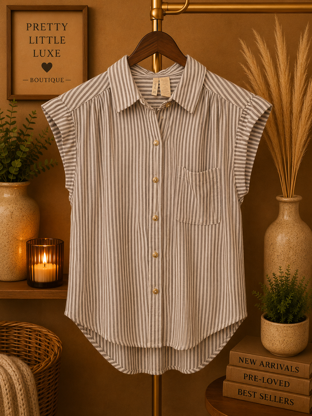 Japna Neutral Striped Cap Sleeve Button Down Blouse Top Cotton Rayon-XS