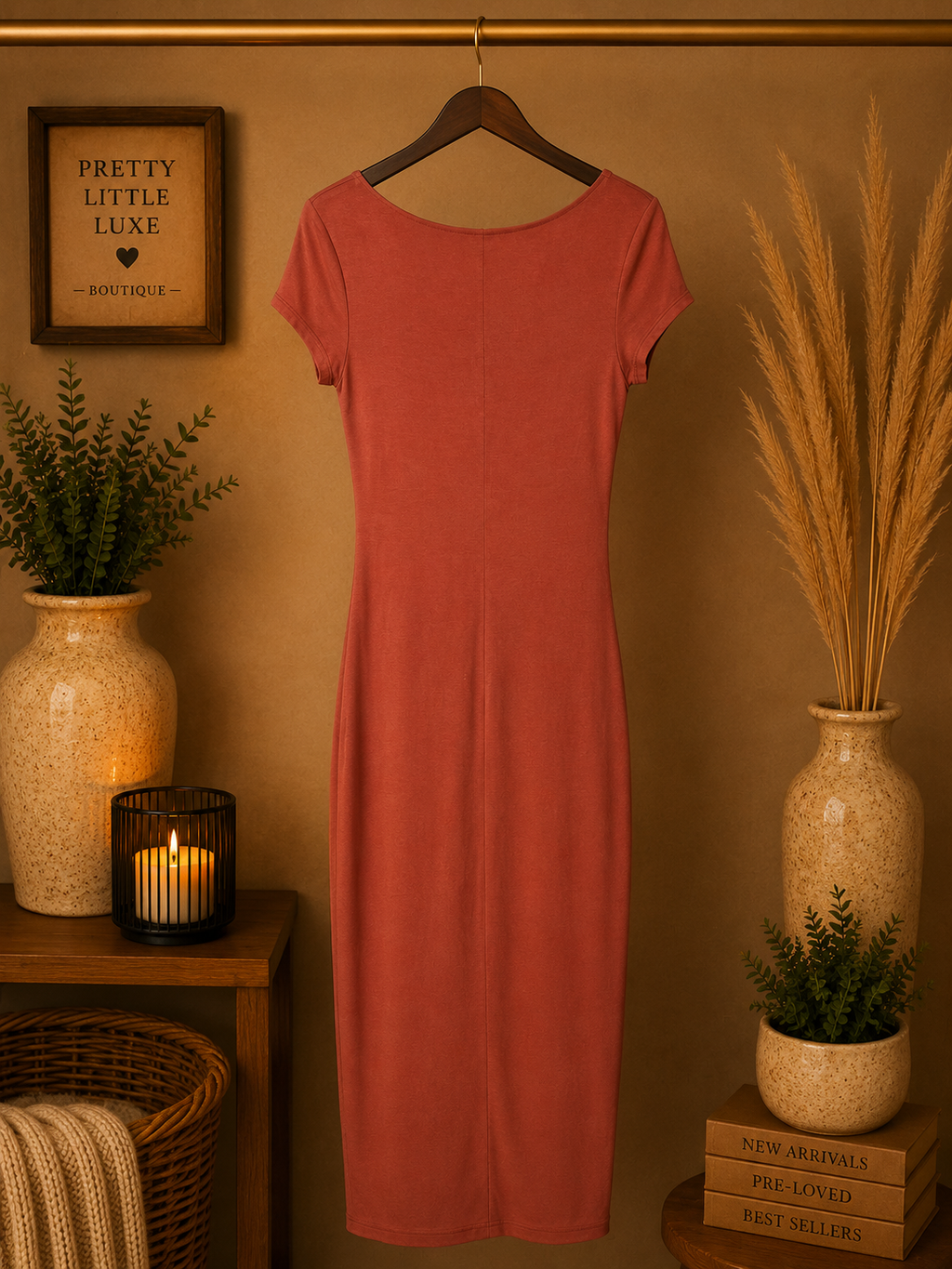 See You Monday Rust Orange V Neck ShorRust Scoop Neck Short Sleeve Dress - medium