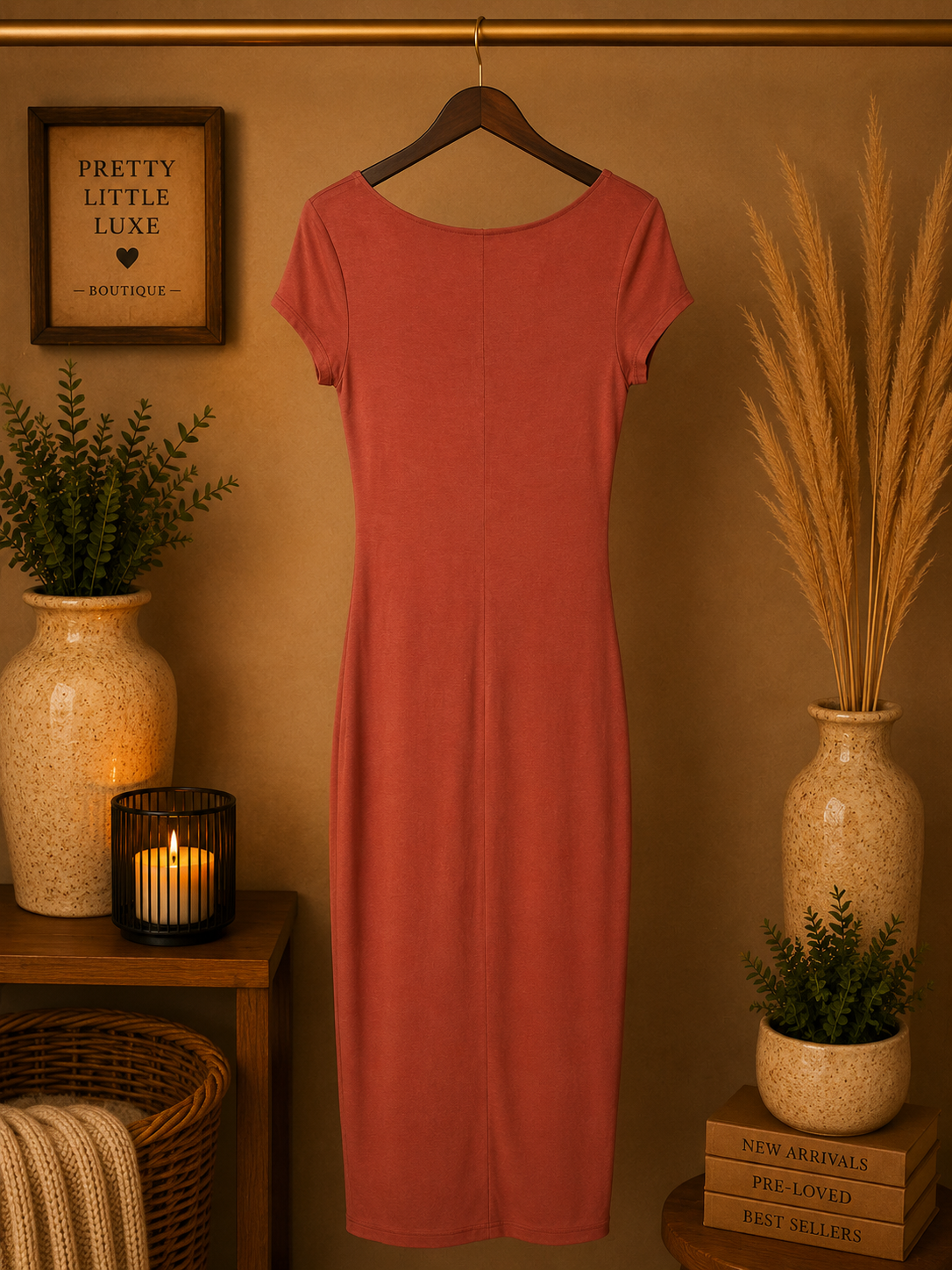 See You Monday Rust Orange V Neck ShorRust Scoop Neck Short Sleeve Dress - medium