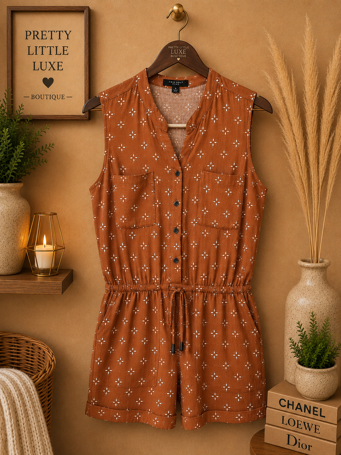 Kelly Renee Rust Orange Drawstring Waist Button Front Romper- S