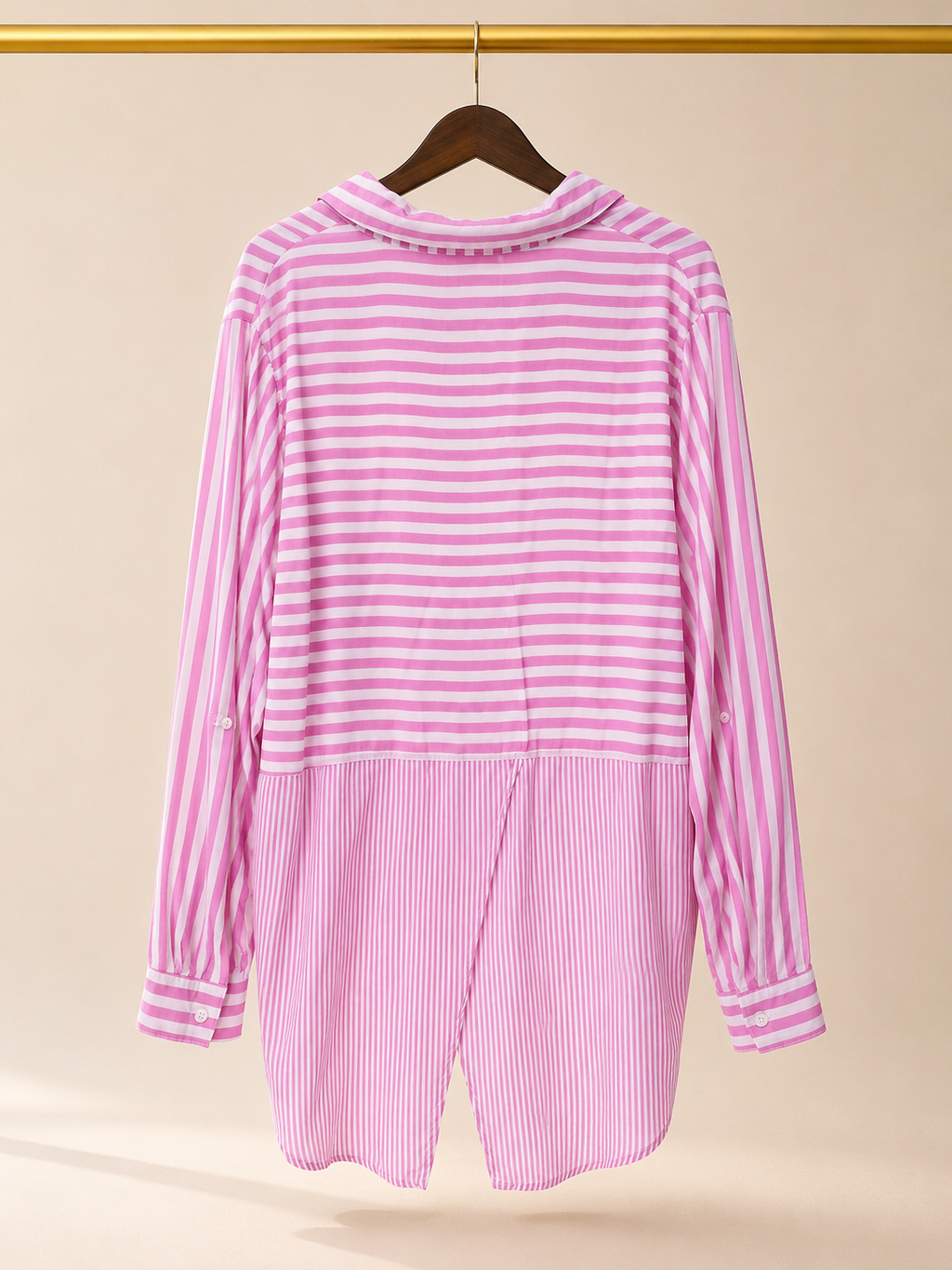 Remi James Striped High-Low Tunic Button-Down Blouse - Pink & White -Large