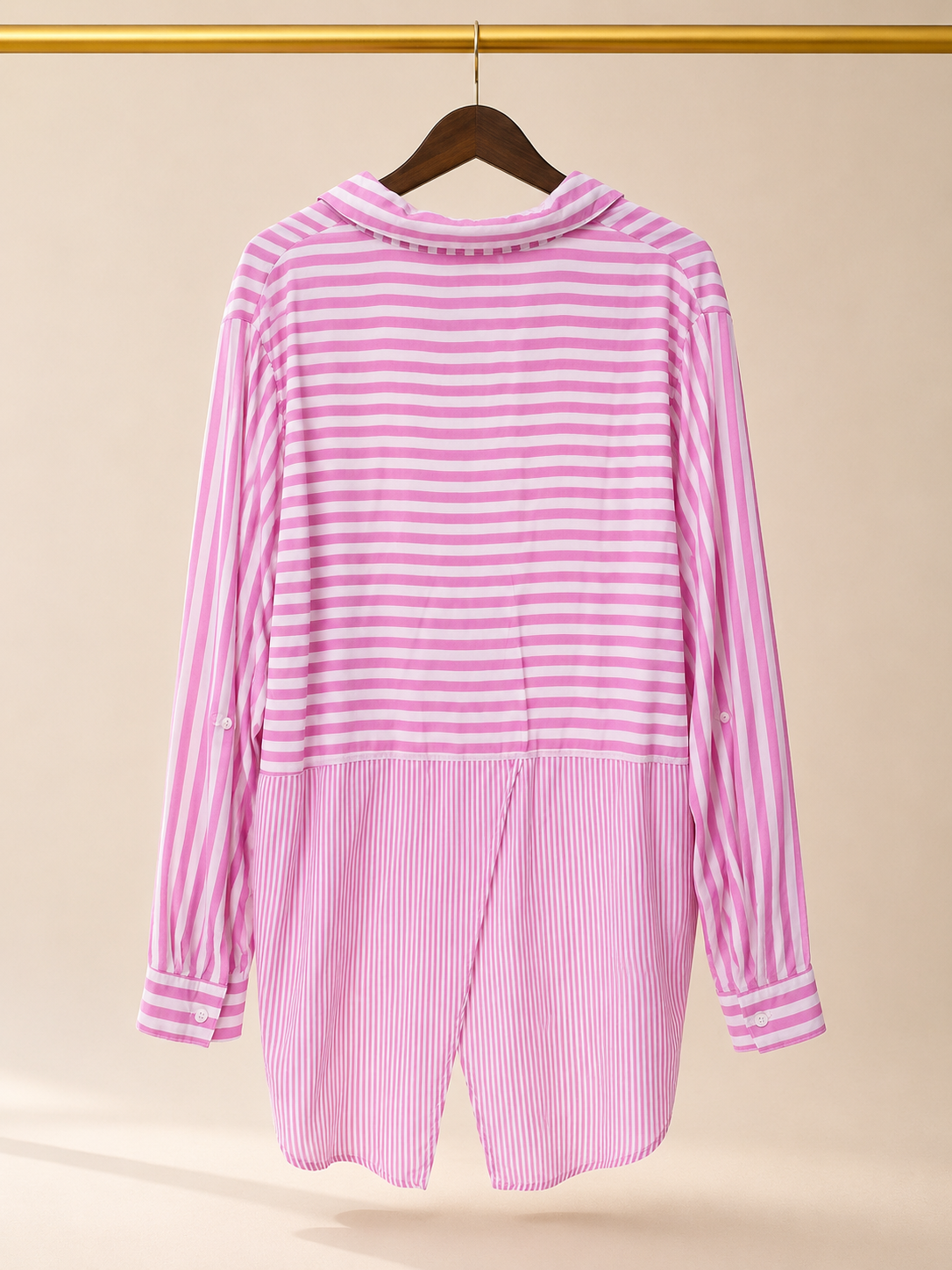 Remi James Striped High-Low Tunic Button-Down Blouse - Pink & White -Large