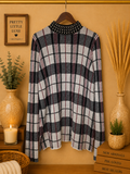 Belldini Pearl Embellished Mock Neck Plaid Sweater - Cream & Black- XL