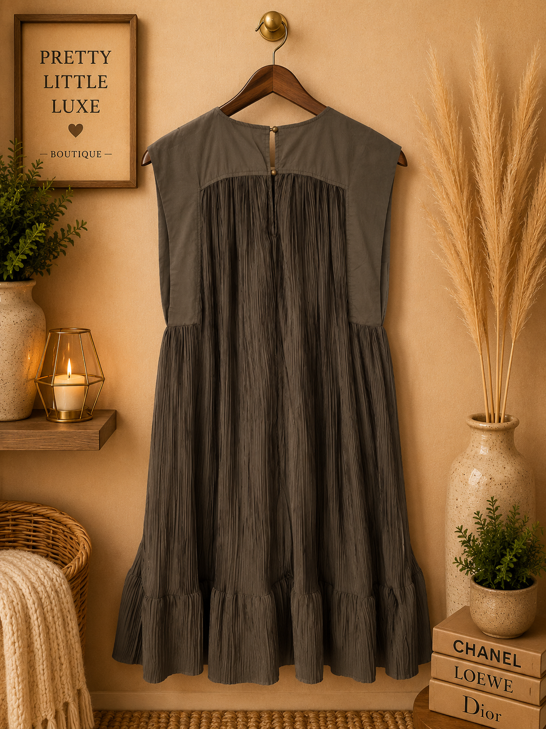Anthropologie Textured Sleeveless Tiered Mini Dress in Olive Brown – Size Small