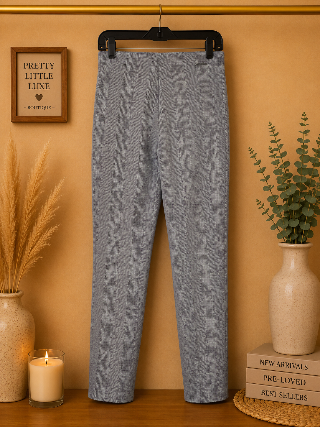 Tahari Tailored High-Rise Front-Seam Trousers - Grey Herringbone -Medium