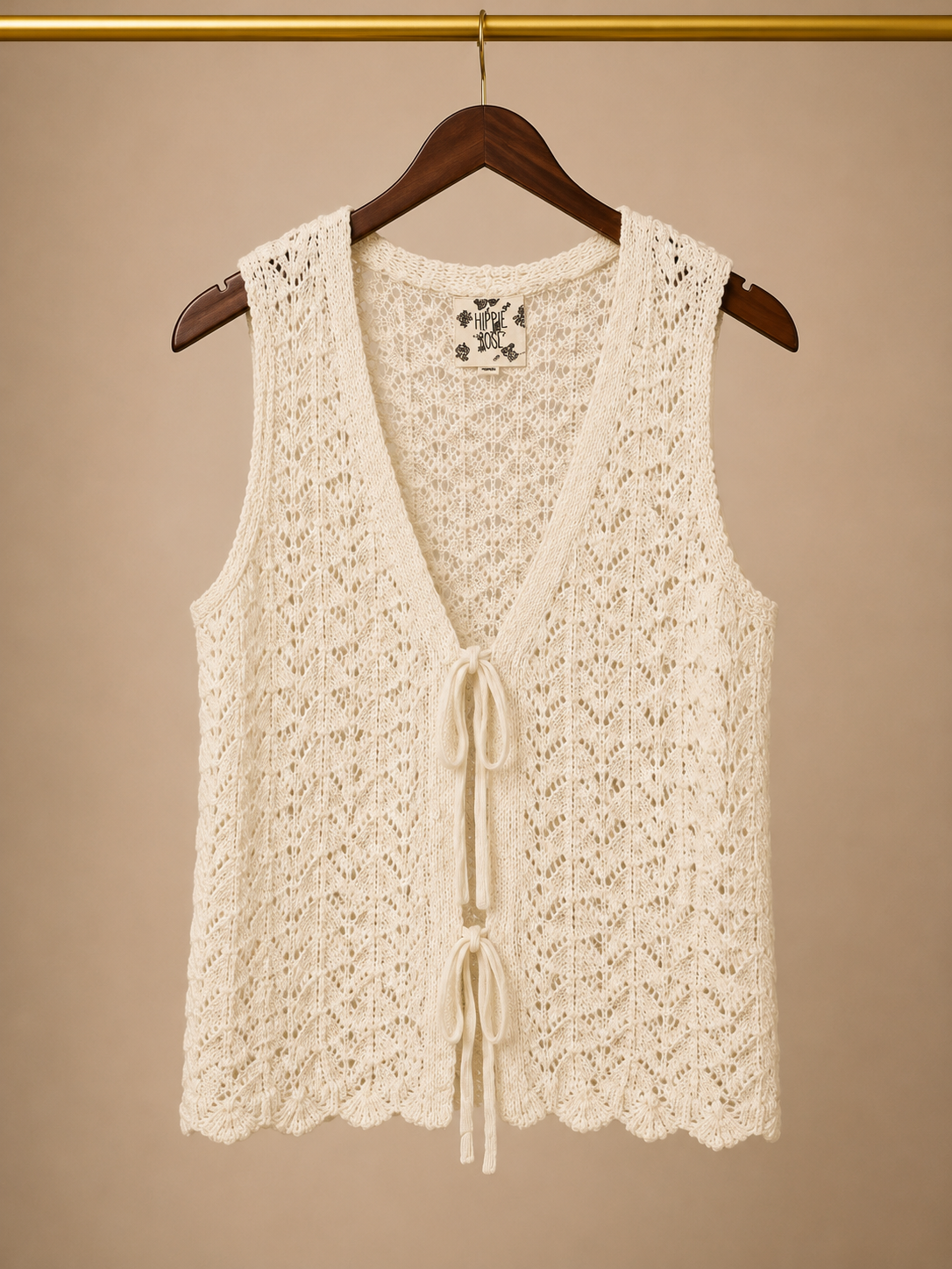 Hippie Rose Double Tie-Front Open-Stitch Pointelle Sweater Vest - Cream (Small)