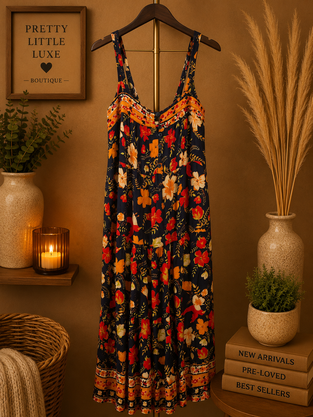 Sea Lustre Floral Tiered Maxi Dress Navy Orange Bohemian Resort Wear Size S/M