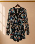 American Eagle Floral Long Sleeve Surplice Romper - Pom Pom Hem -XS