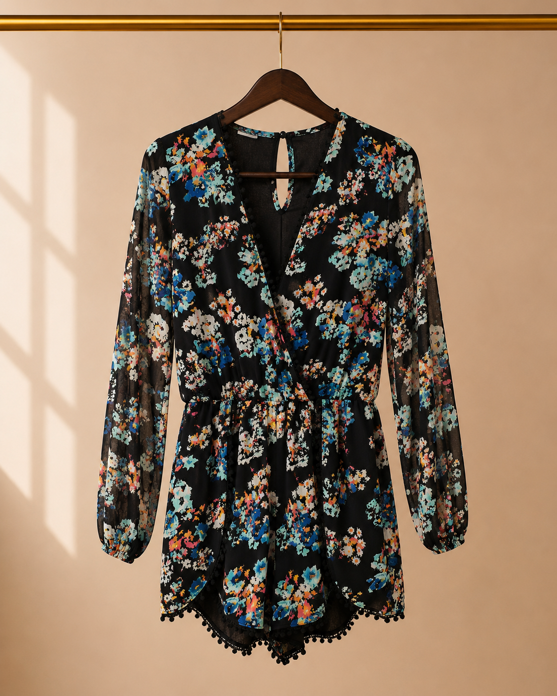 American Eagle Floral Long Sleeve Surplice Romper - Pom Pom Hem -XS