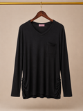 Ragdoll LA Soft Knit V-Neck Long Sleeve Side Ruched Pocket Tee - Black (XL)