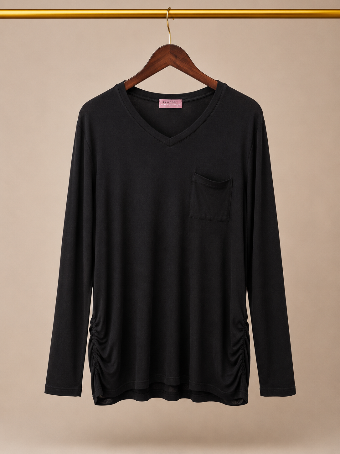 Ragdoll LA Soft Knit V-Neck Long Sleeve Side Ruched Pocket Tee - Black (XL)