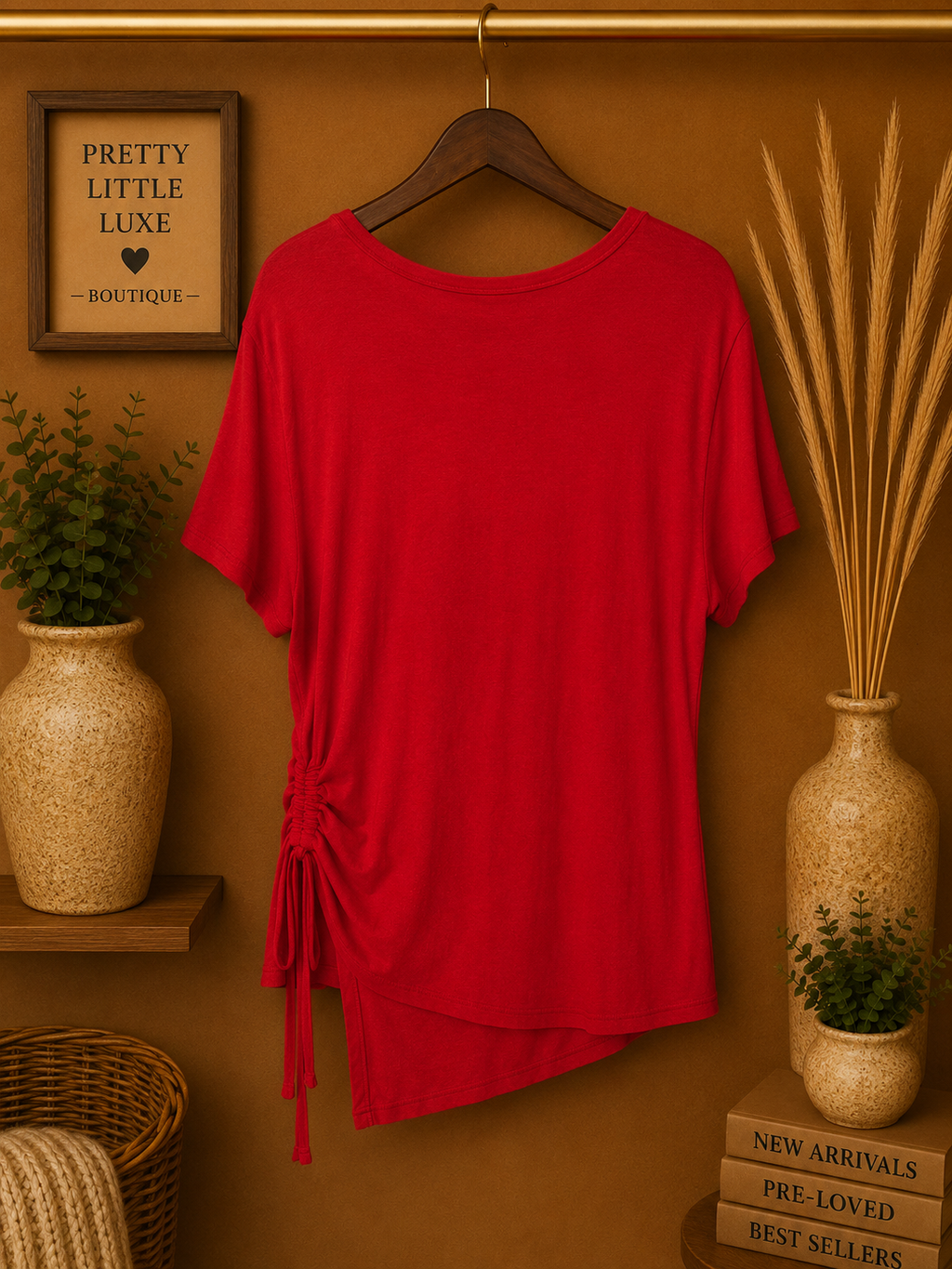 No Boundaries Red Short Sleeve Top Ruched Side Drawstring Asymmetric Hem L (11-13 junior) but fits as a women's medium