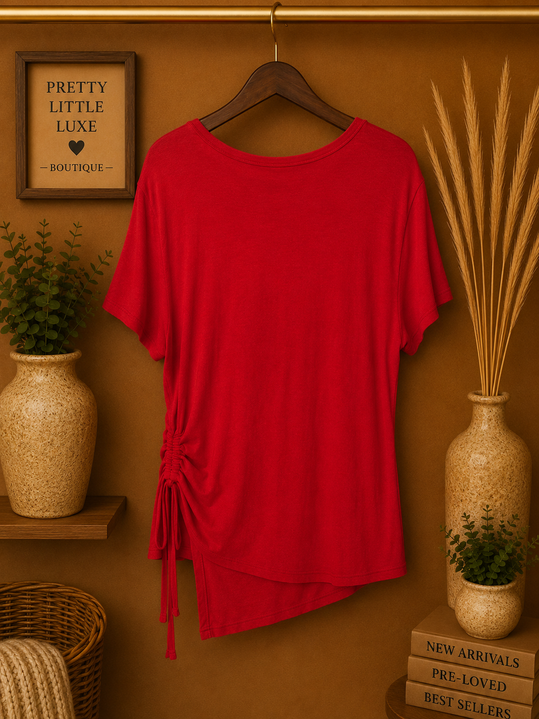 No Boundaries Red Short Sleeve Top Ruched Side Drawstring Asymmetric Hem L (11-13 junior) but fits as a women's medium