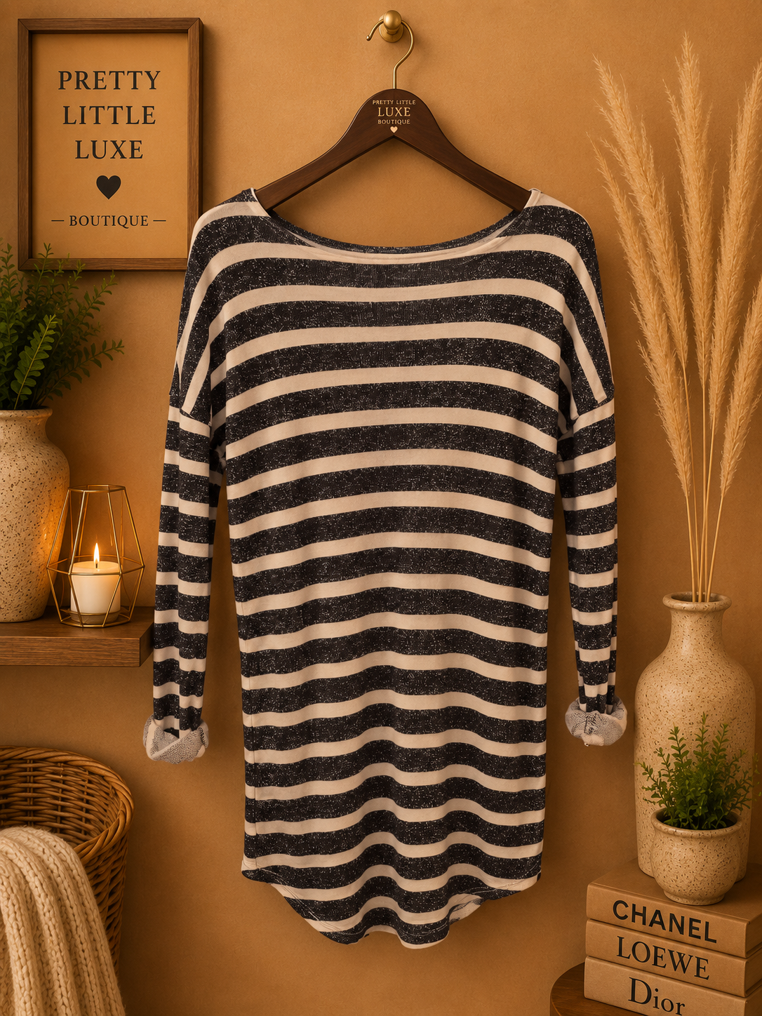 H&M Divided Grey White Striped 3/4 Sleeve Knit Pullover Sweater XS