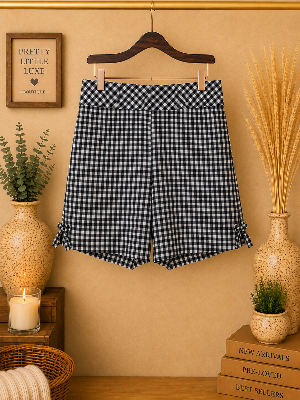 Ingredients Gingham High Waisted A-Line Shorts Black White Bow Accents -Size 8