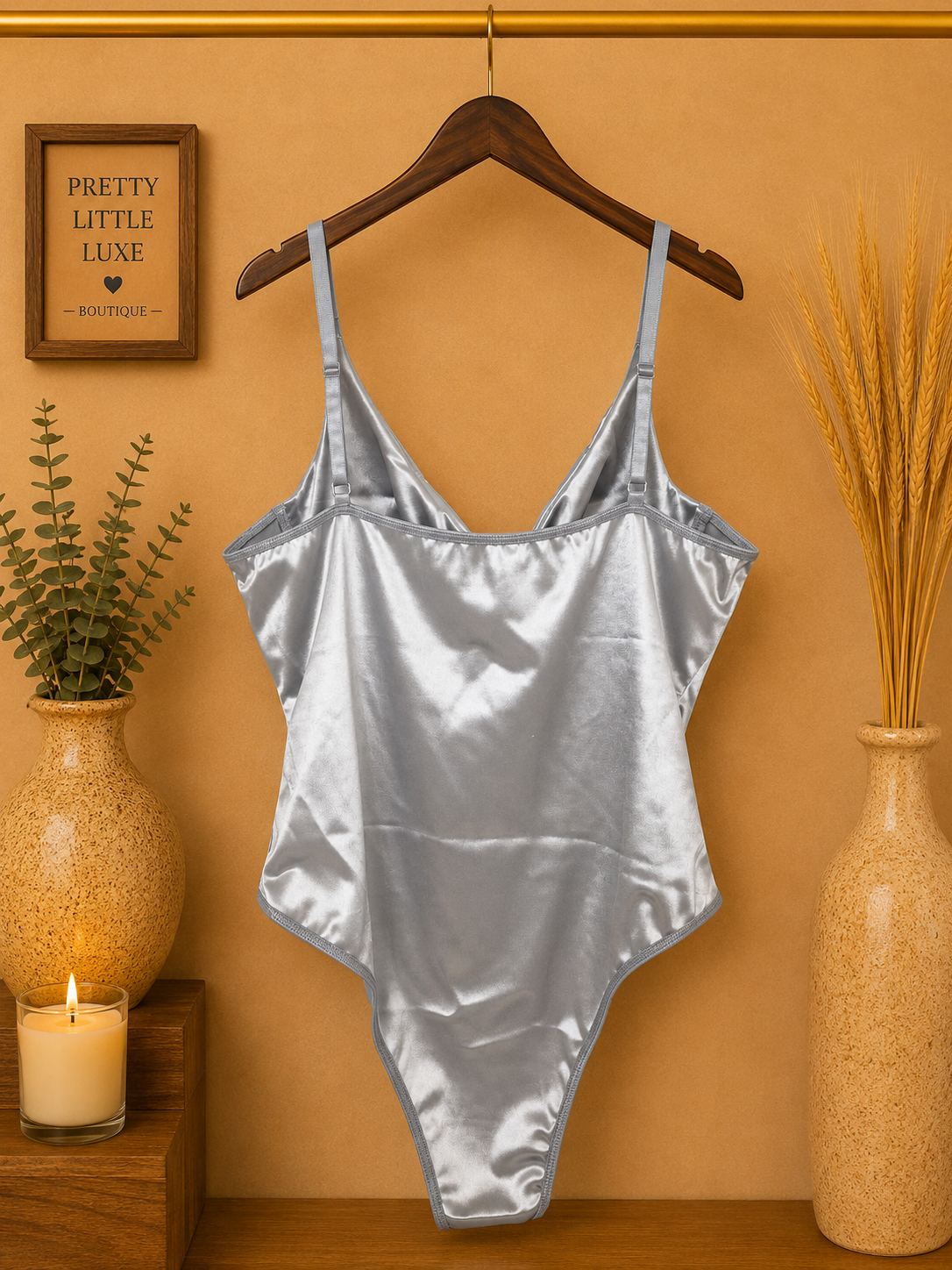 Silky Satin Underwire Corset Bodysuit - Metallic Silver Grey -(Large)