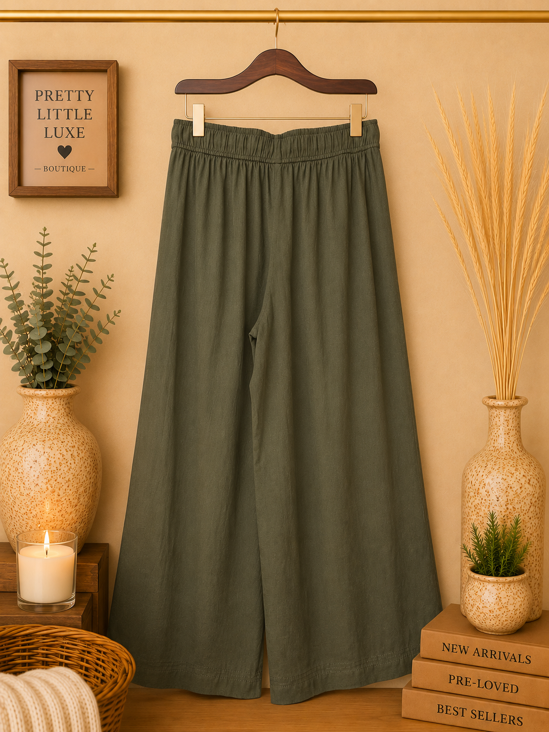 Zara Olive Green Linen Blend Drawstring Wide Leg Palazzo Pants- Size XS