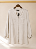 Grace Elements Linen Blend Roll Tab Sleeve Henley Utility Tunic Shirt - Oatmeal- Large