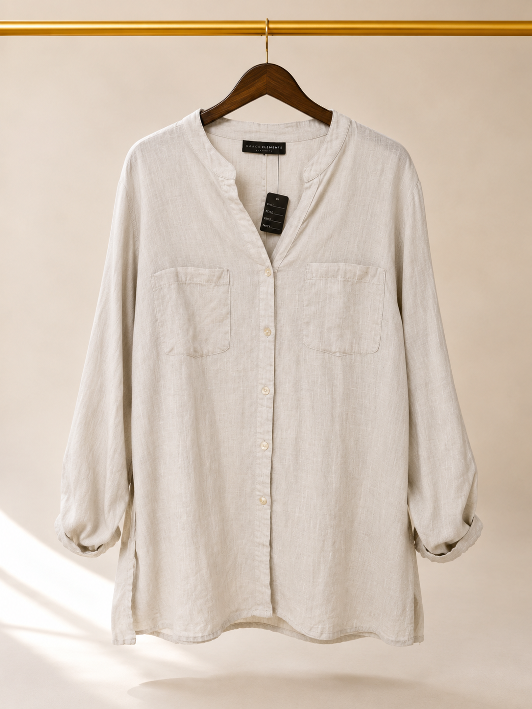 Grace Elements Linen Blend Roll Tab Sleeve Henley Utility Tunic Shirt - Oatmeal- Large