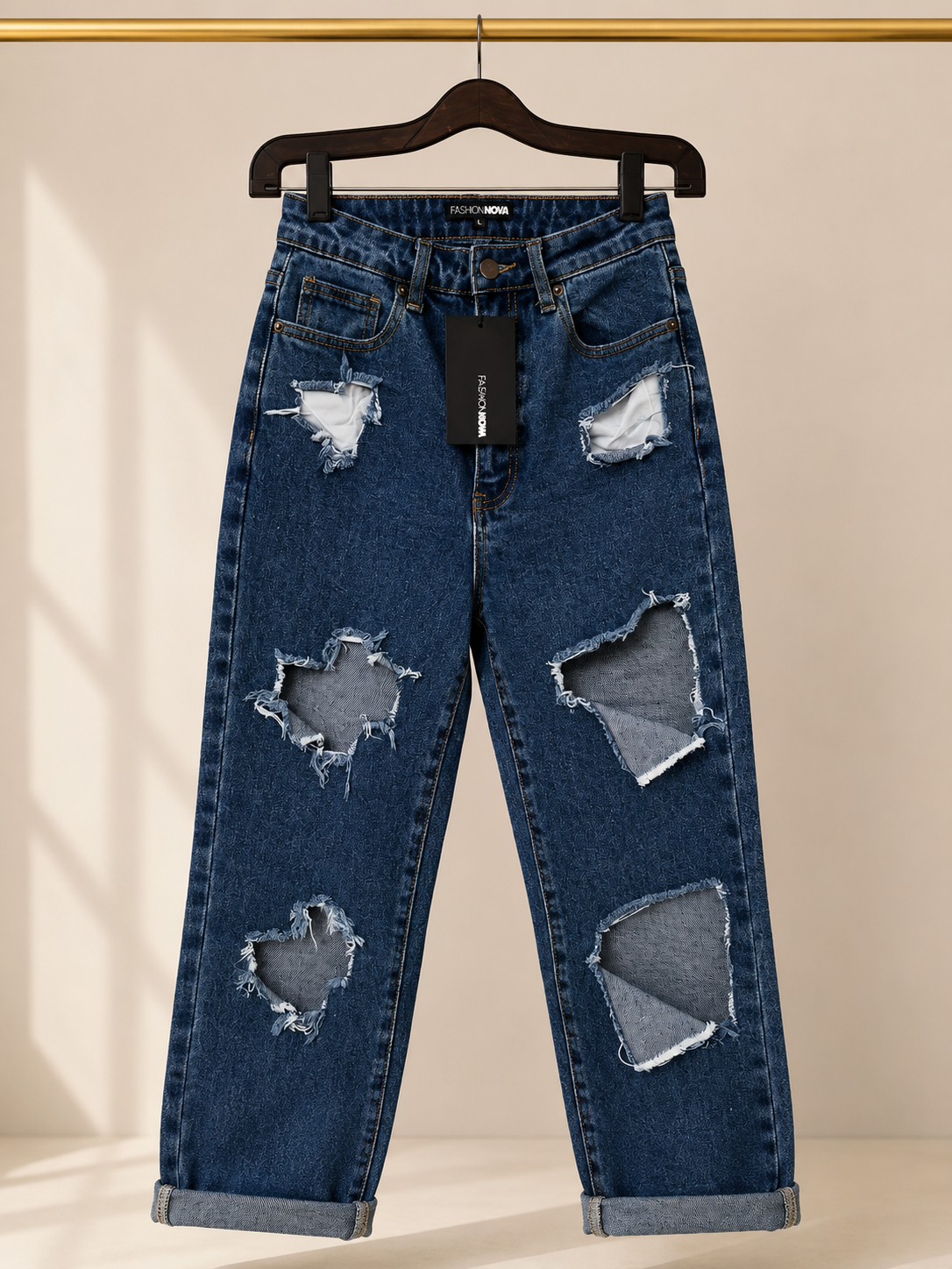 🔑 Fashion Nova NWT Heavily Distressed High-Rise Boyfriend Jeans - Medium Wash (1)