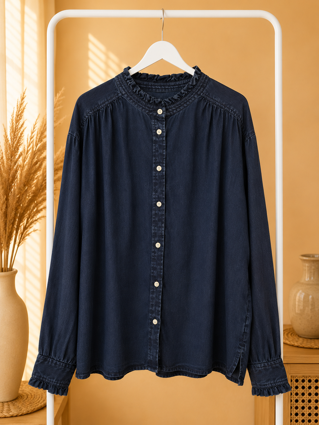 LOFT Dark Wash Chambray Ruffle Collar Button Down Top-Size Large