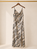Pepper & Heart Cowl-Neck Snake Print Maxi Slip Dress with Side Slit (Medium)