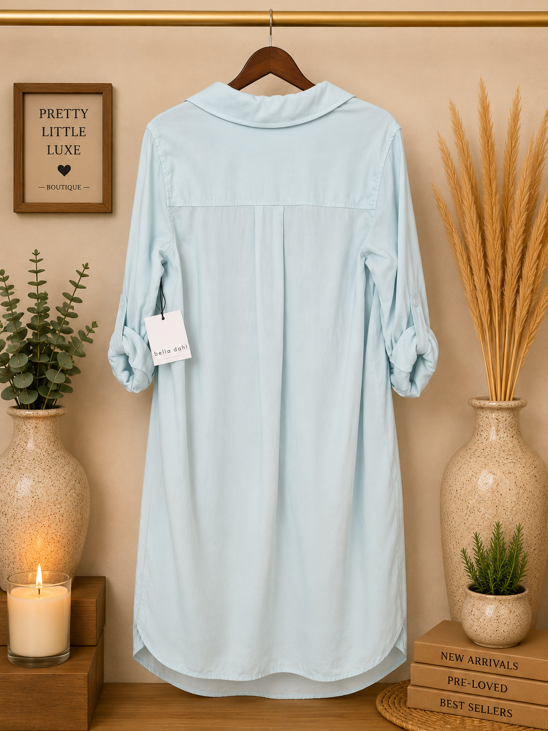 Bella Dahl NWT Tencel Rolled Tab Sleeve A-Line Shirt Dress  Ice Blue - Large