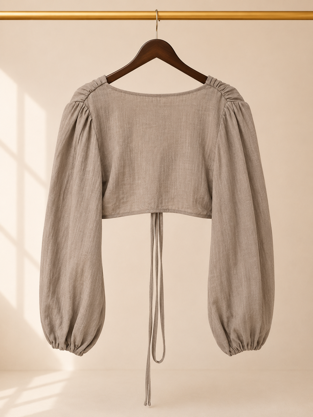 Lyaner 100% Cotton Front Tie Crop Top Balloon Sleeve Blouse - Taupe Brown -(M)