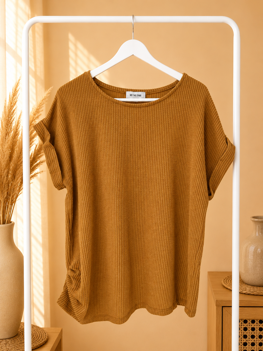 Set The Stage Mustard Yellow Ribbed Short Sleeve Top Size XL