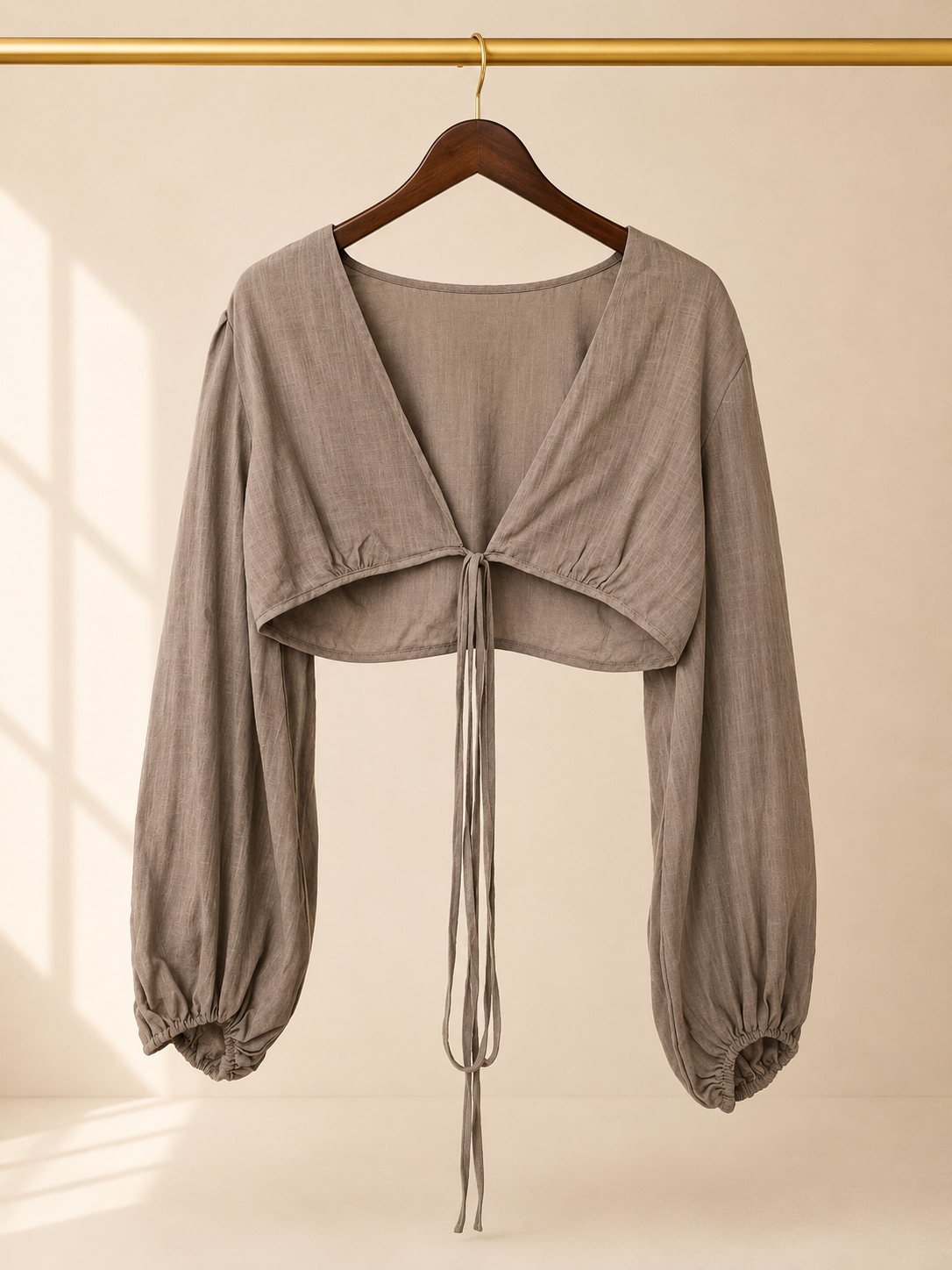 Lyaner 100% Cotton Front Tie Crop Top Balloon Sleeve Blouse - Taupe Brown -(M)