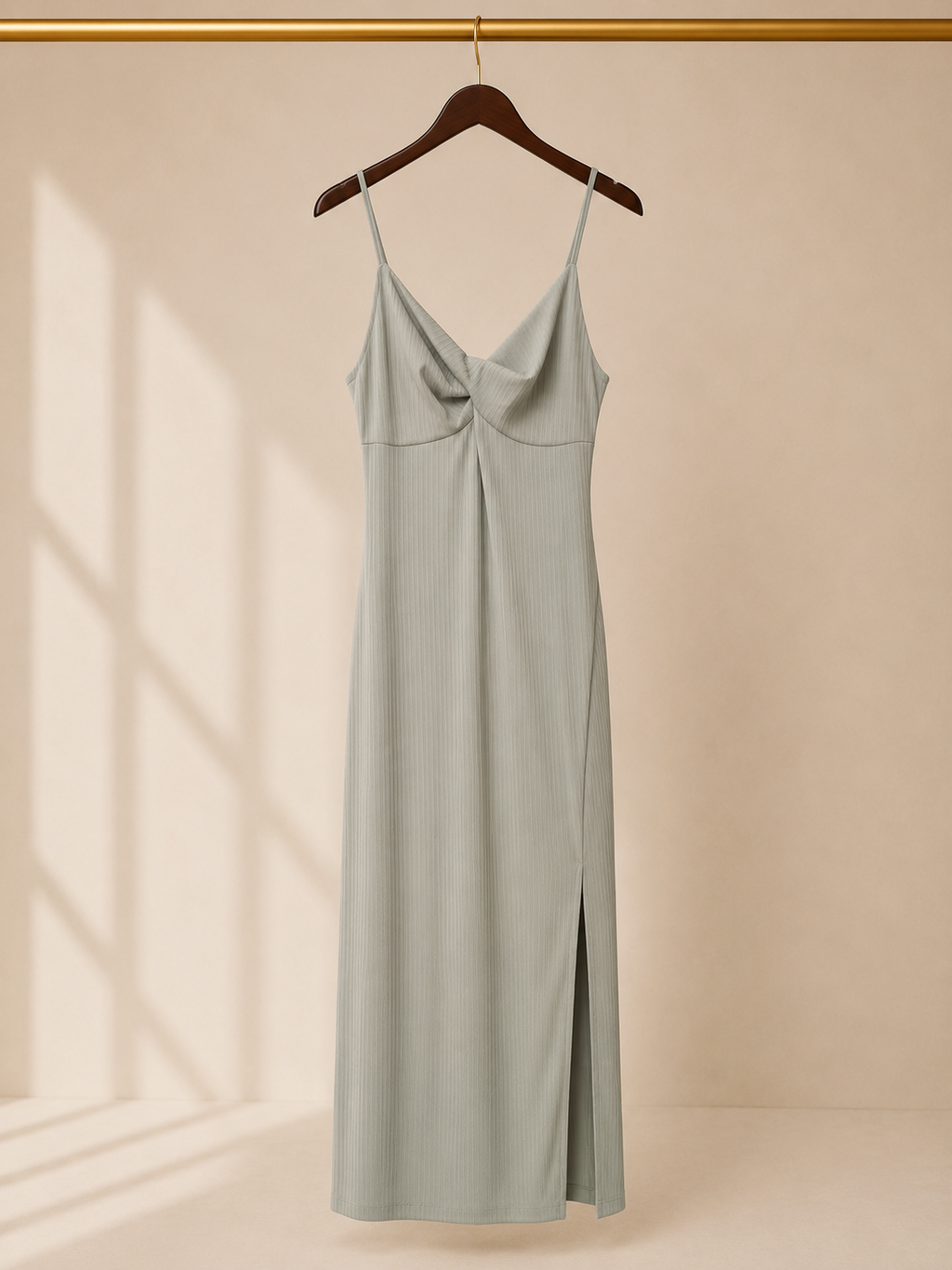 Poof New York Ribbed Twist-Front Cami Maxi Dress with Side Slit - Sage Green (Medium)