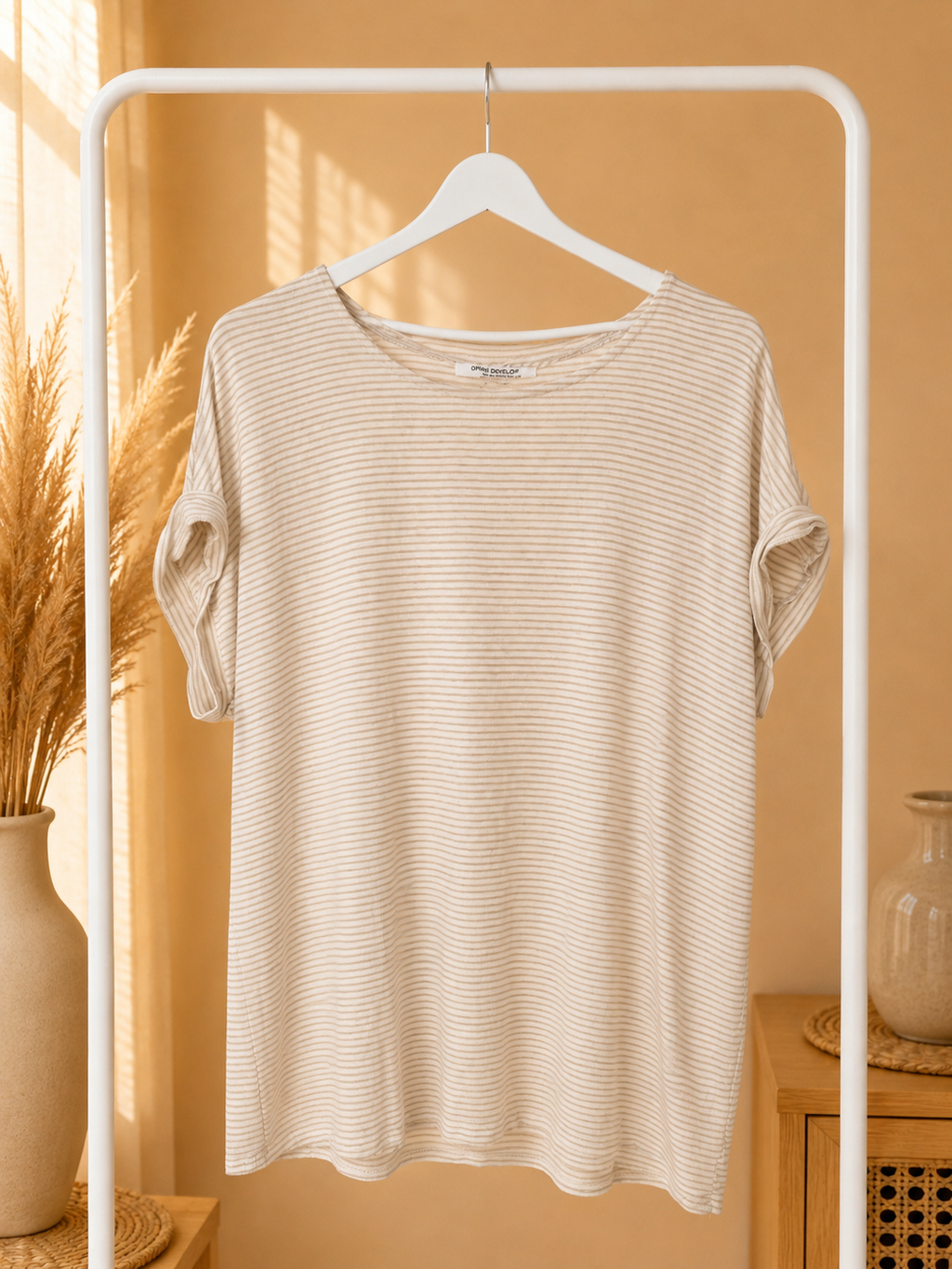 Green Envelope Striped Short Sleeve Top Beige White- Size Large