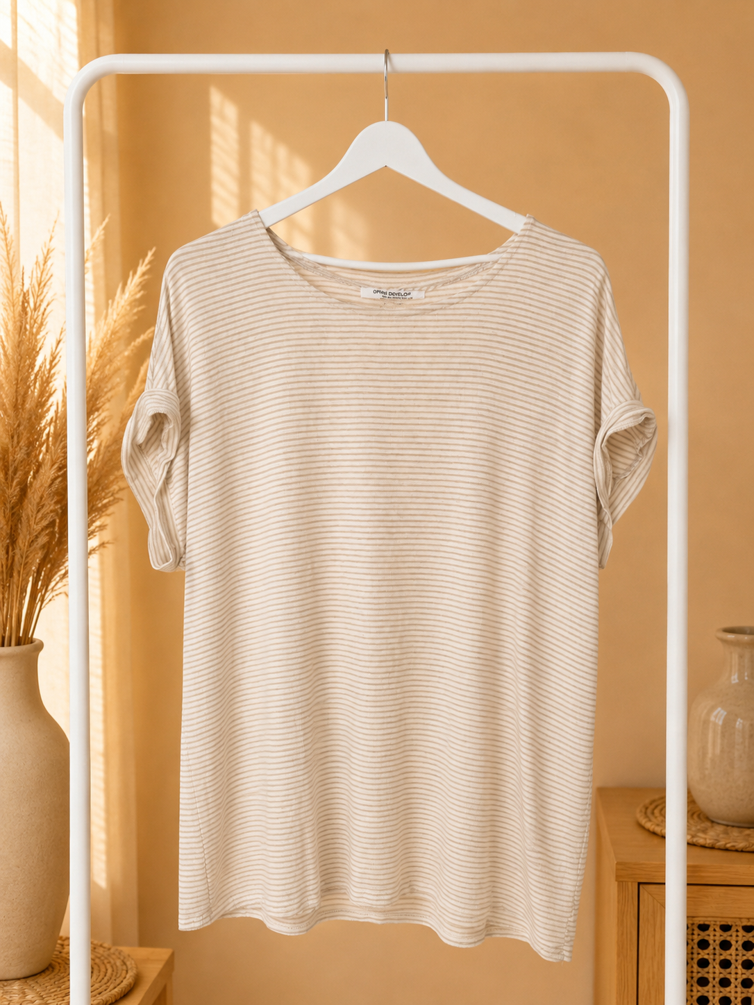 Green Envelope Striped Short Sleeve Top Beige White- Size Large