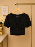 Kendall & Kylie Black Lace-Trim Button Front Crop Top Xs