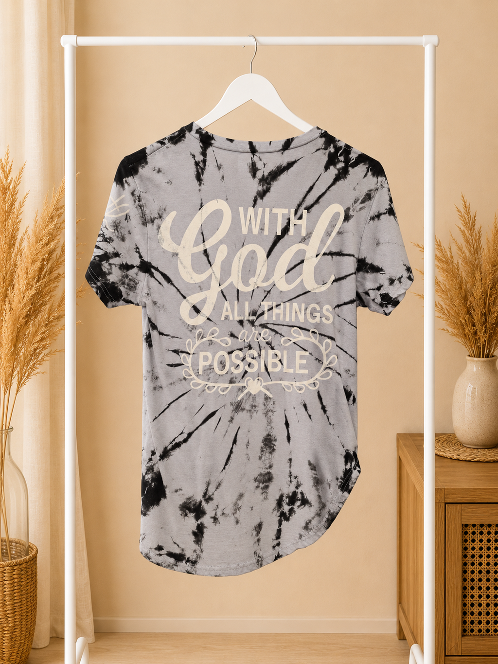 On Fire Gray Black Tie Dye Faith Graphic T-Shirt Small