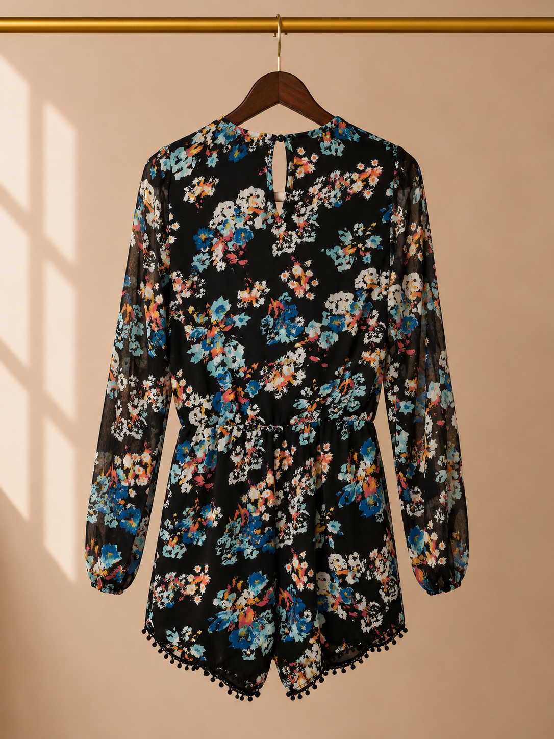 American Eagle Floral Long Sleeve Surplice Romper - Pom Pom Hem -XS