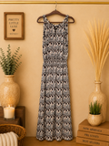 Soma Black Tan Zig Zag Chevron Knit Maxi Dress Smocked Waist -Size S