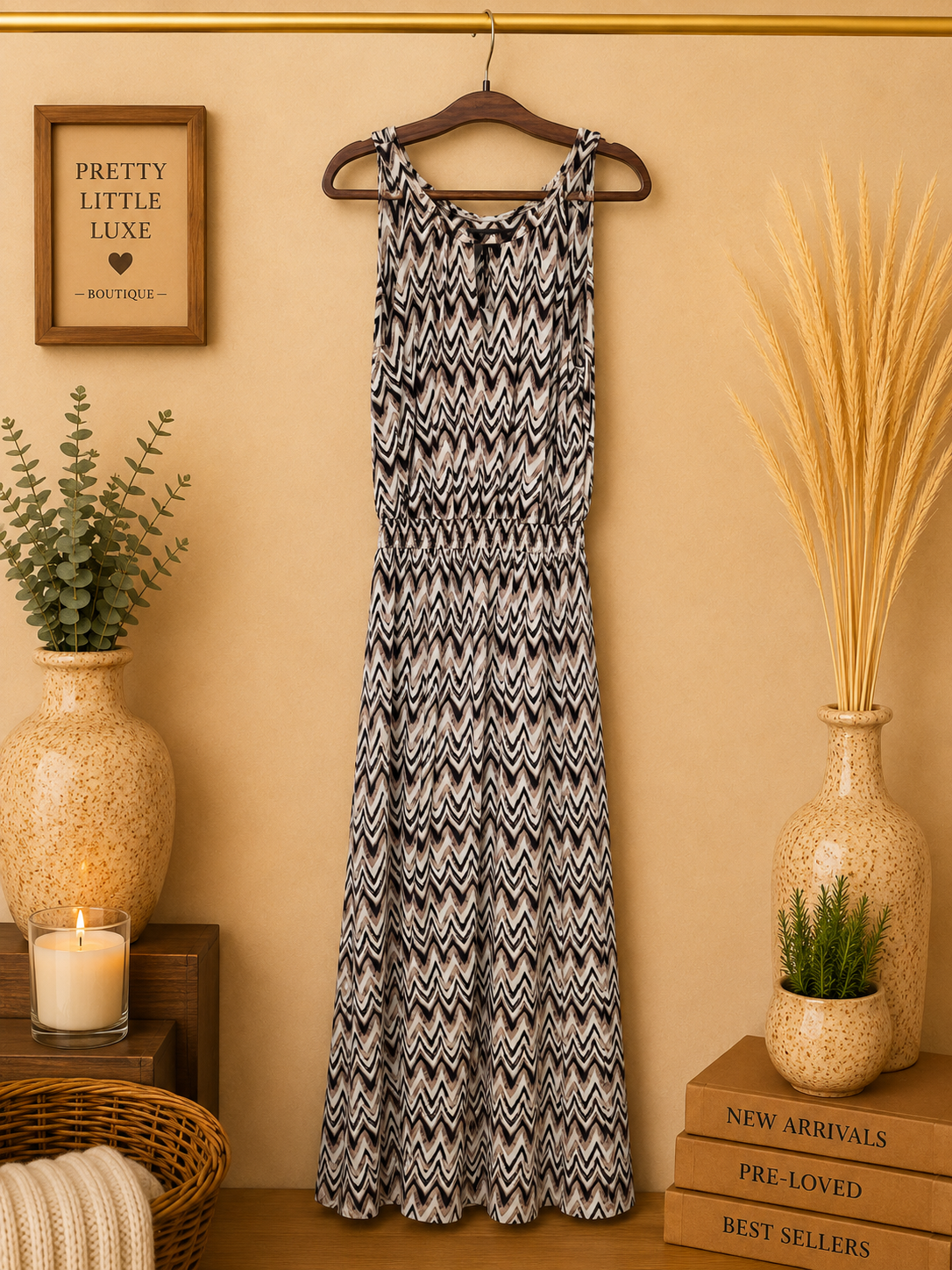 Soma Black Tan Zig Zag Chevron Knit Maxi Dress Smocked Waist -Size S