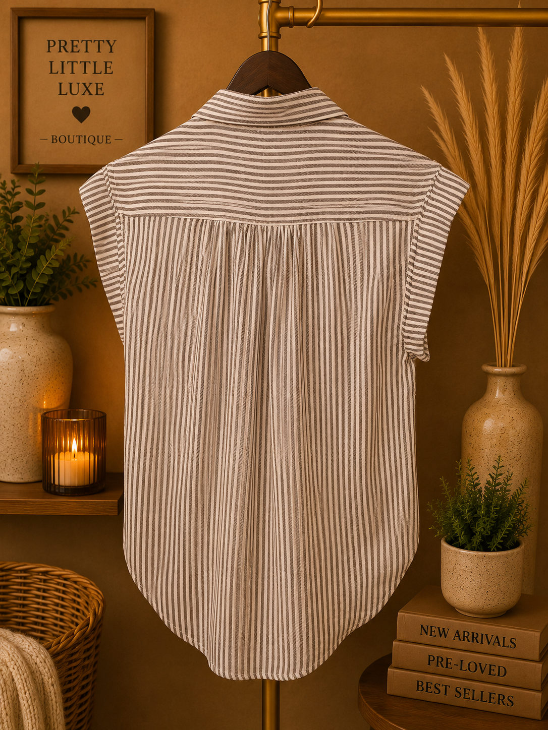 Japna Neutral Striped Cap Sleeve Button Down Blouse Top Cotton Rayon-XS