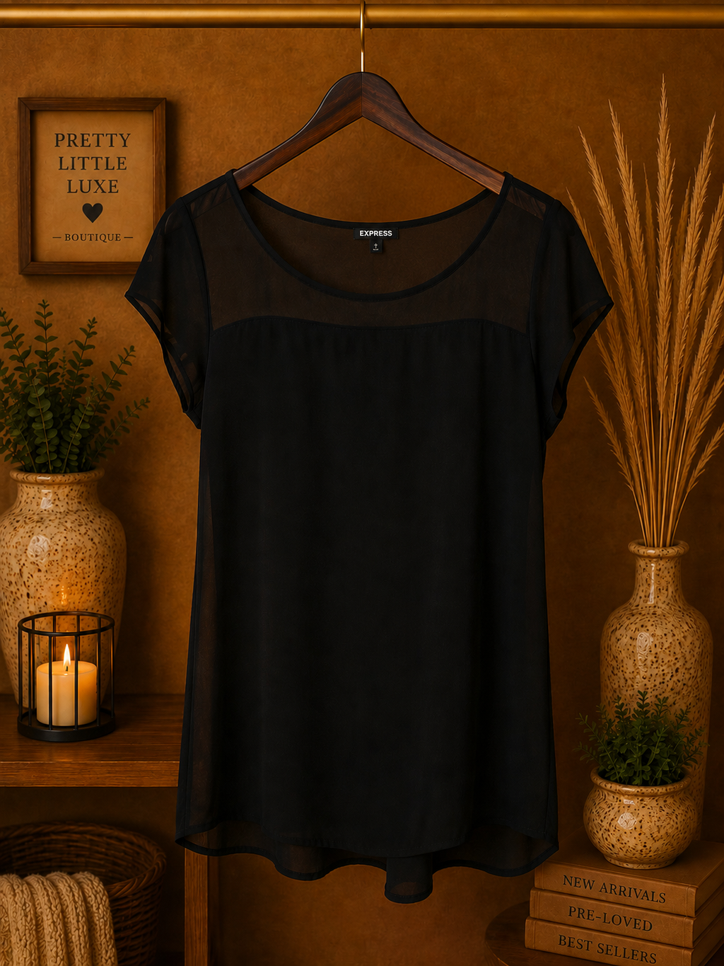 Express Black Mixed Media Sheer Panel Scoop Neck Top S