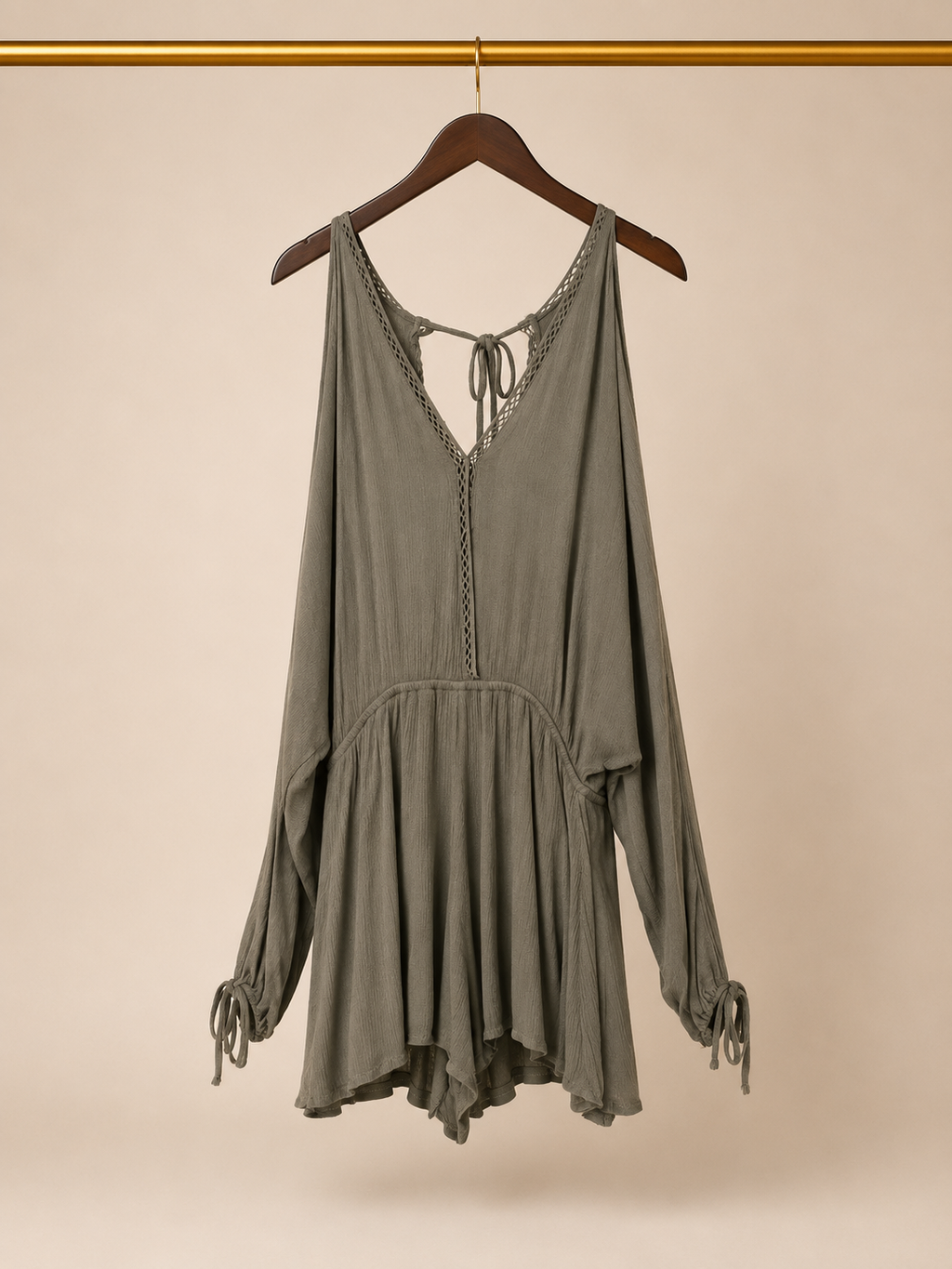 Fashion Nova Cold-Shoulder Slit-Sleeve Keyhole Romper - Sage Olive Green (Medium)